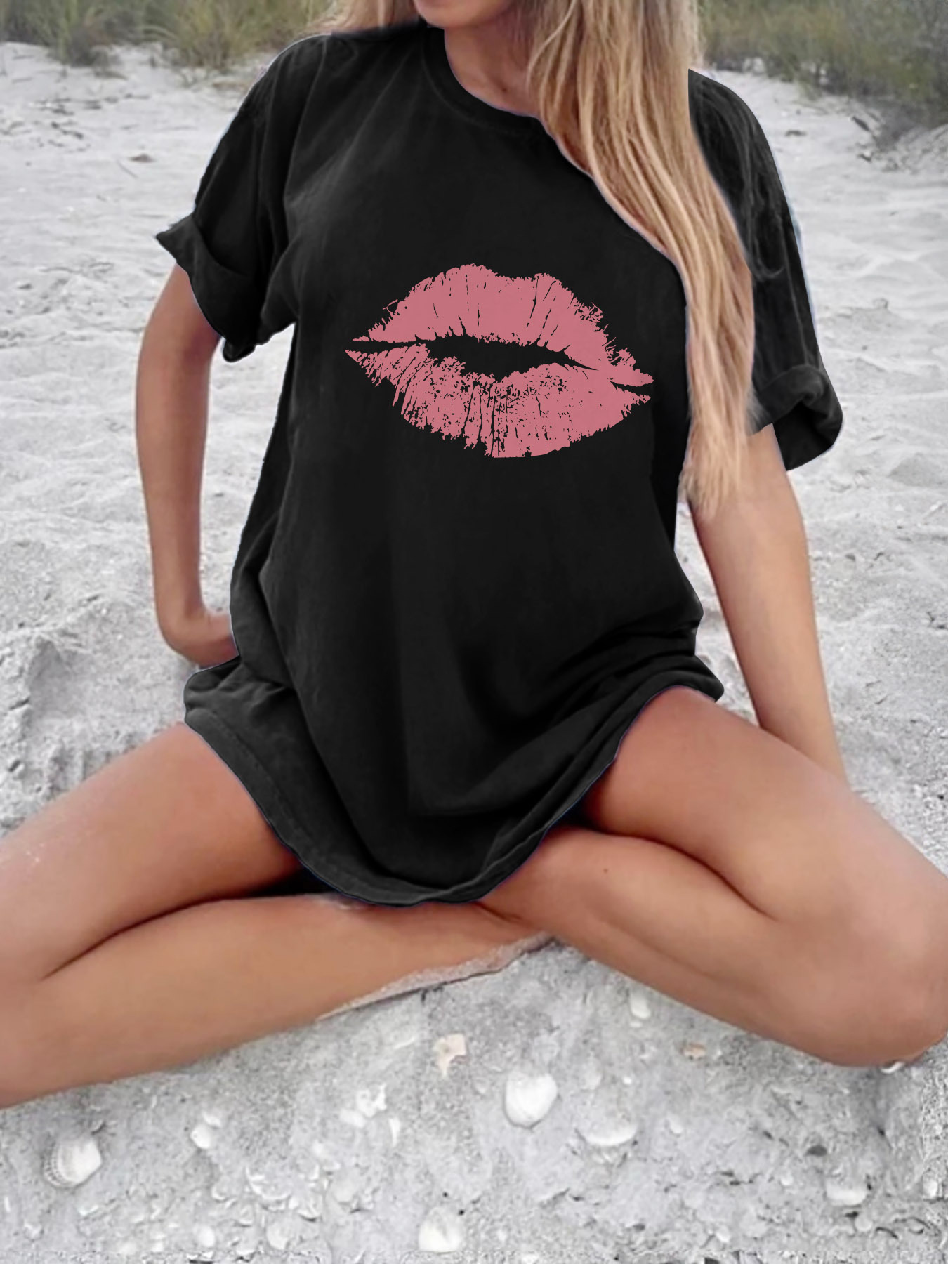 Women's Pink * Crew Neck T-Shirt Dress - Light Beige Oversized Casual Short  Sleeve Summer Dress with Round Neck, Machine Washable Resort Style Beach  Vacation Outfit for Women, image size:800x1067