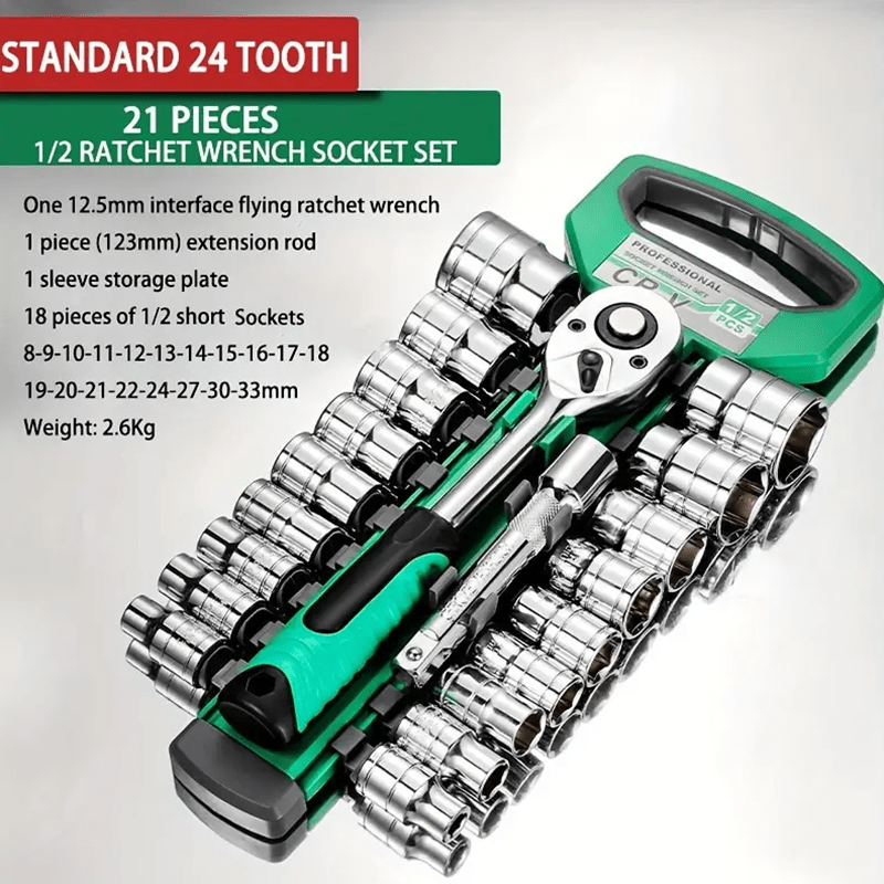 

Ratchet Socket Wrench Set 1/ 2 Inch Drive, 21pcs Mechanic Tool Kit With 8mm-32mm Metric Sockets, Release Ratchet Handle And Extension Bar, 24 Teeth Ratchet Wrench