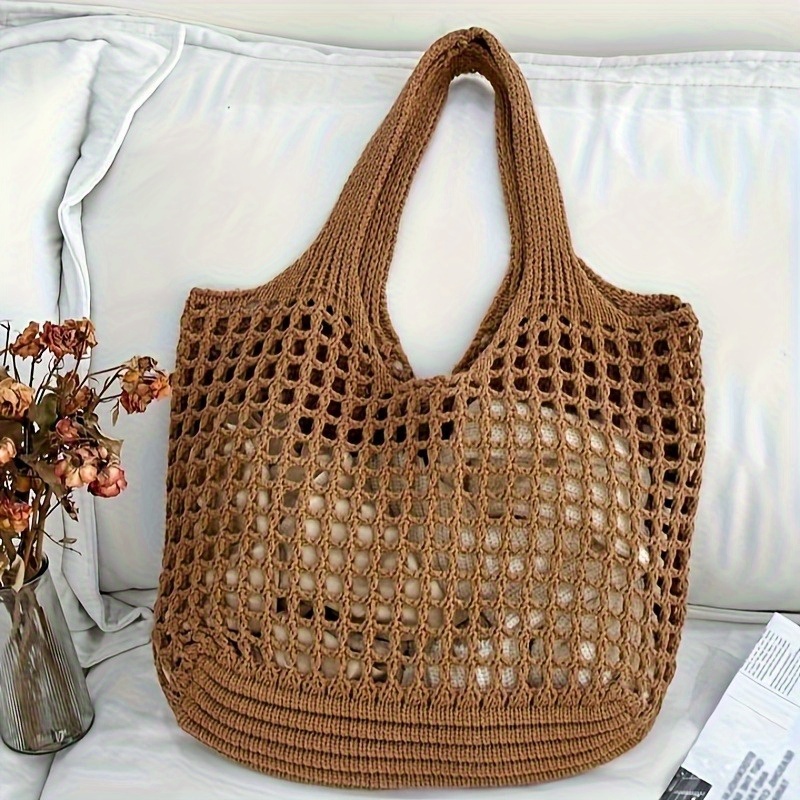 TEMU Y2k- Large Woven Tote Bag For Women - Lightweight, Breathable Hollow Out Shoulder Bag For Beach & Travel