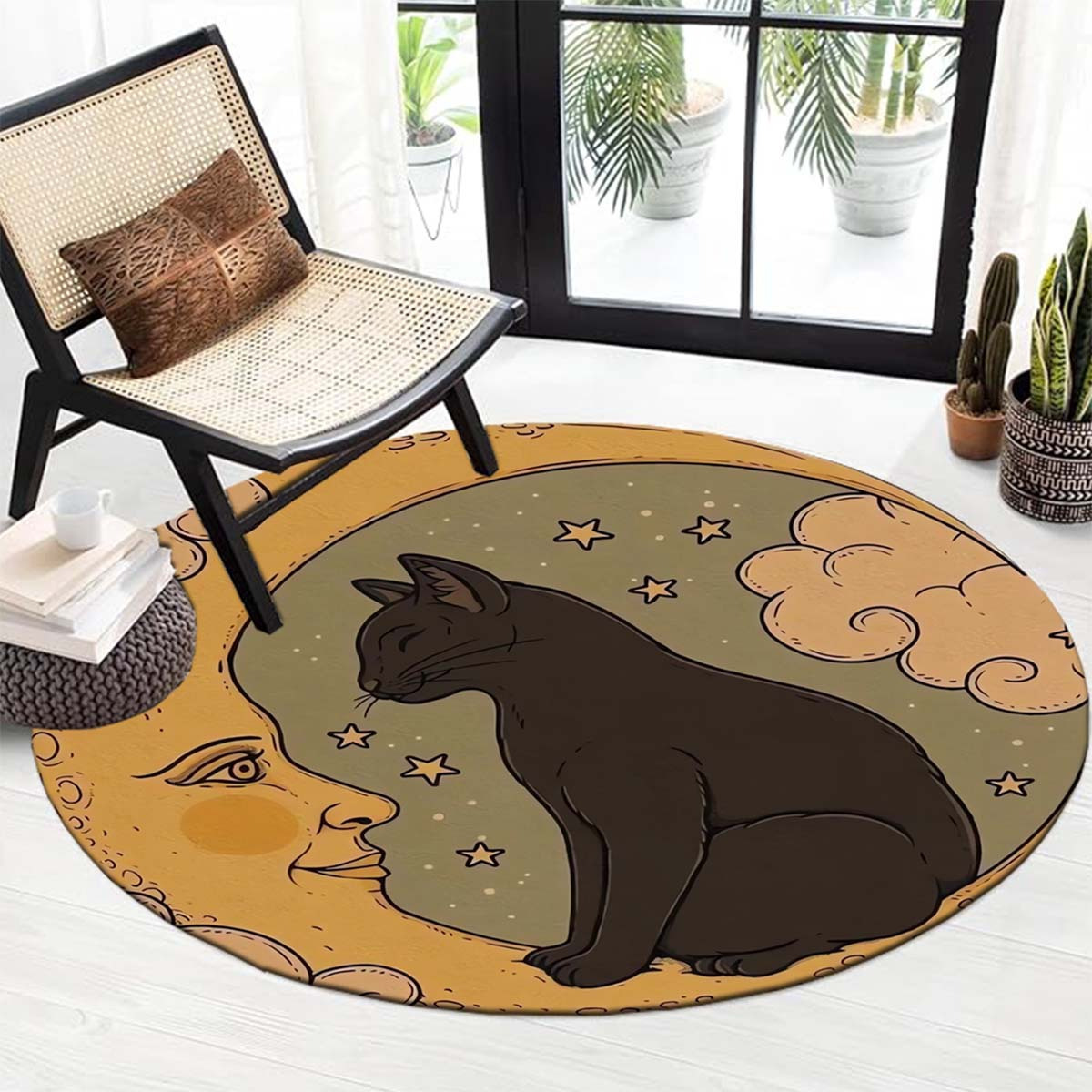 

Sun, Moon & Cat Crystal Velvet Round Rug - Non-slip, Washable & Shed-free For Living Room, Bedroom, Office