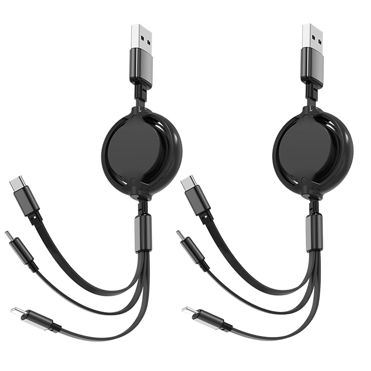 TEMU Set Of 2, 1 Meter Long Retractable Usb Cable, Featuring A 3-in-1 Design With Type-c, Micro Usb, And Lightning Connectors, Compatible With Most