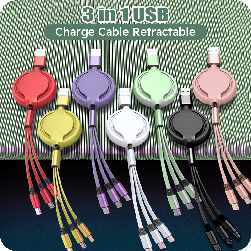 

2pcs Firsting 1m/3ft 3 In 1 Retractable Usb Cable 3 In 1 Usb Charging Cable With Type-c, Micro Usb, Ip Port For Most Phones/iphones/tablets