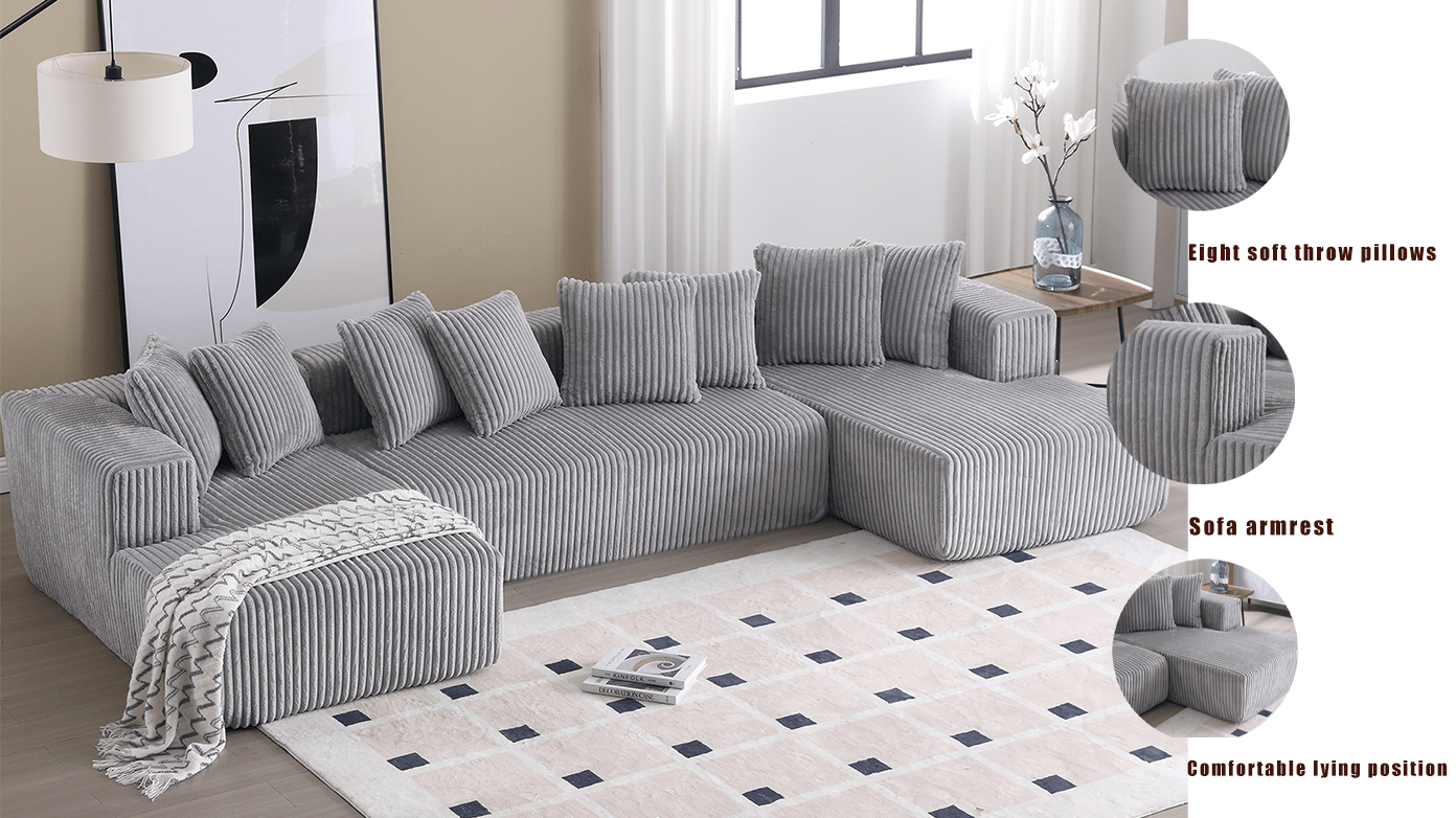 131'' Modular Sectional Couch, U-shaped Sofa, Chaise Lounge, Striped Fabric, Upholstered 4 Seater Couch for Living Room, Bedroom, Free Combination Sofa (Corduroy), Gray