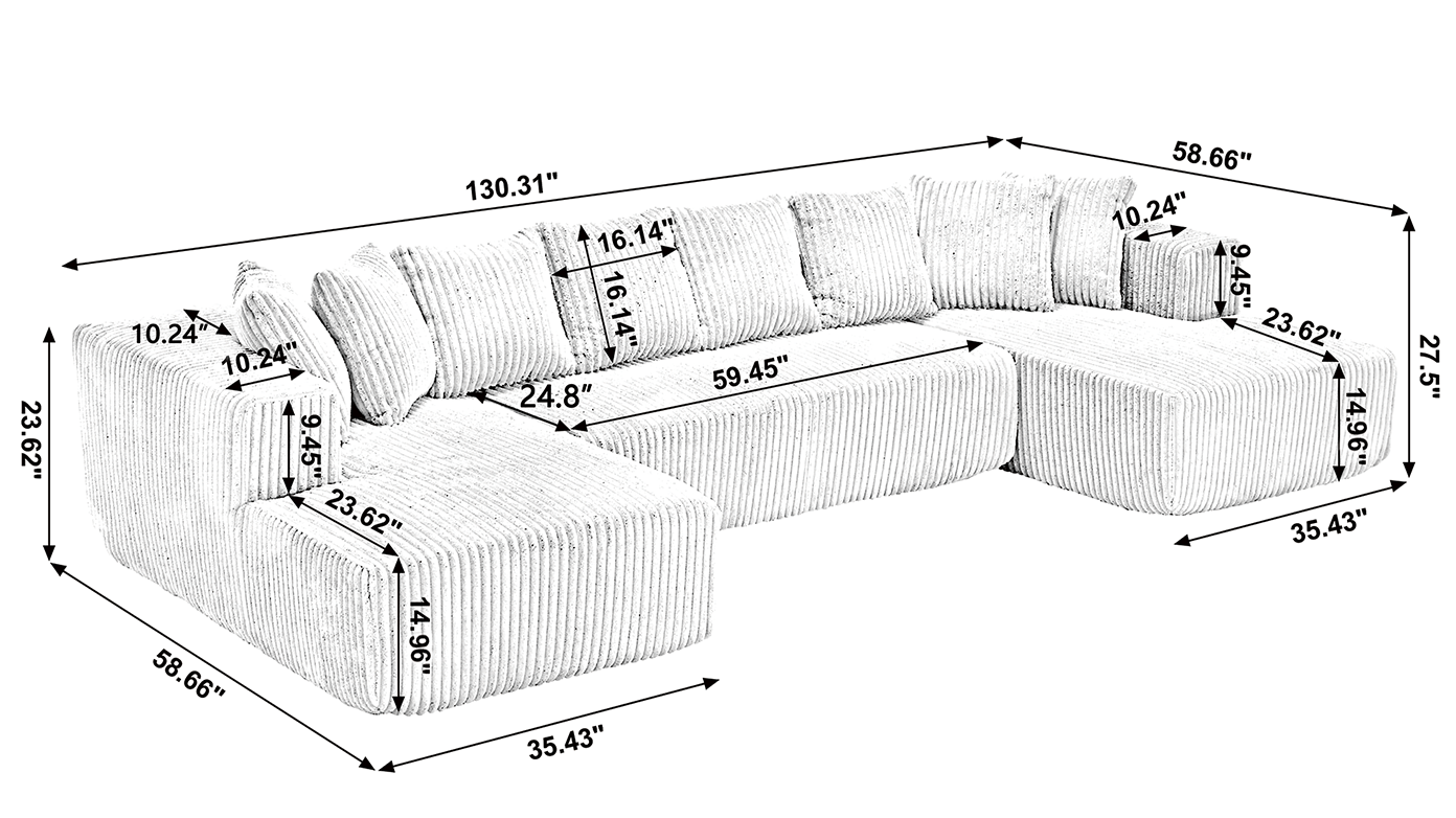131'' Modular Sectional Couch, U-shaped Sofa, Chaise Lounge, Striped Fabric, Upholstered 4 Seater Couch for Living Room, Bedroom, Free Combination Sofa (Corduroy), Gray
