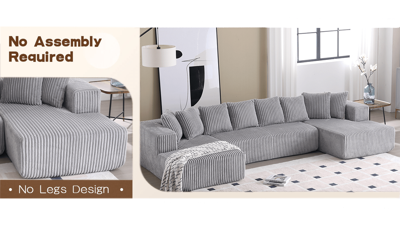131'' Modular Sectional Couch, U-shaped Sofa, Chaise Lounge, Striped Fabric, Upholstered 4 Seater Couch for Living Room, Bedroom, Free Combination Sofa (Corduroy), Gray