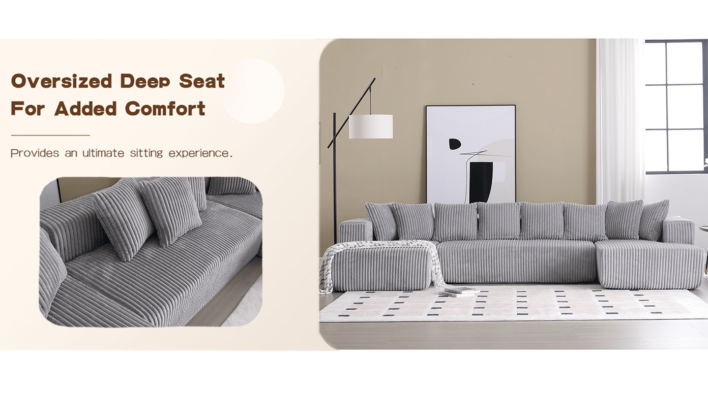 131'' Modular Sectional Couch, U-shaped Sofa, Chaise Lounge, Striped Fabric, Upholstered 4 Seater Couch for Living Room, Bedroom, Free Combination Sofa (Corduroy), Gray