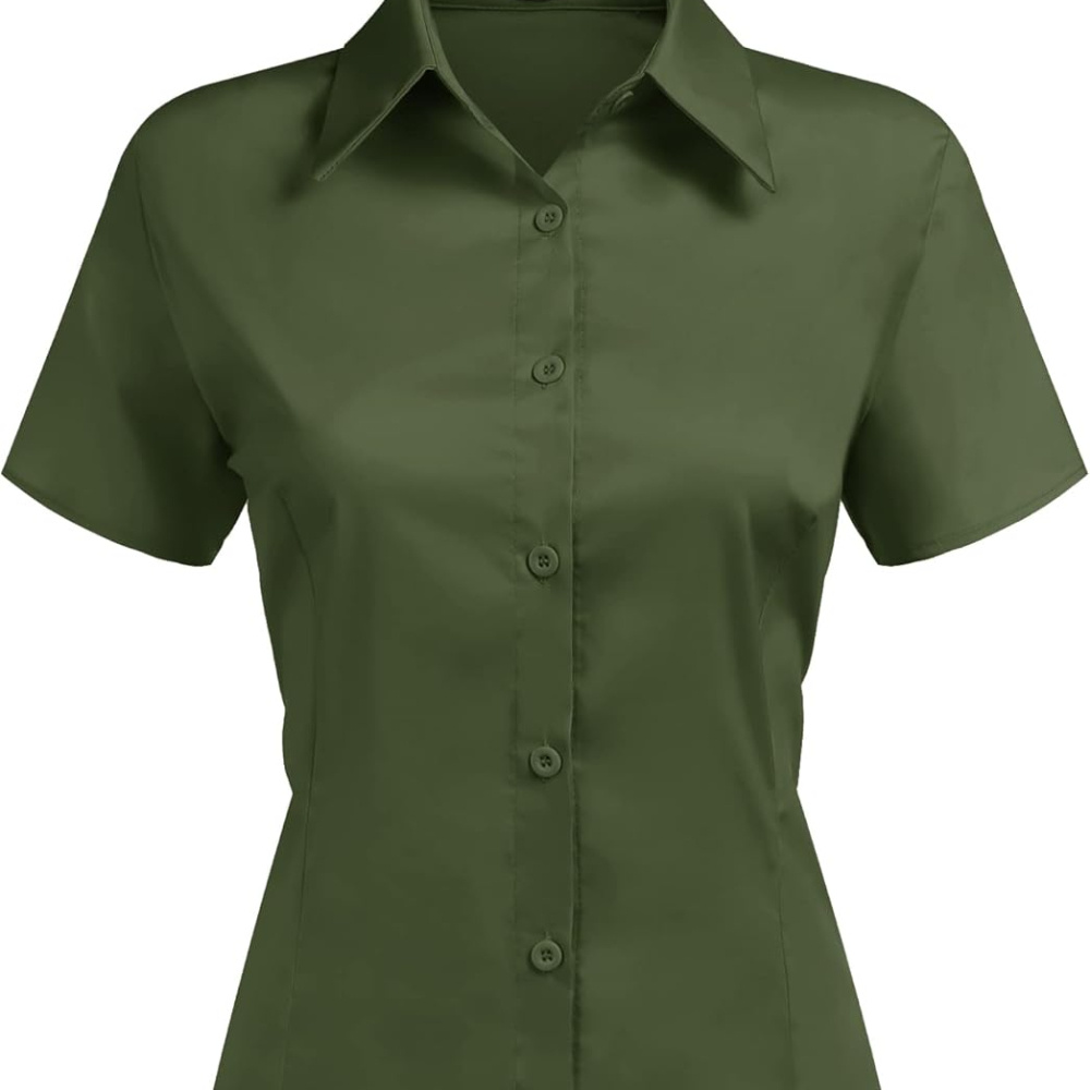 

Solid Color Button Down Work Blouse, Casual Collared Slim Short Sleeve Blouse For Spring & Summer, Women's Clothing