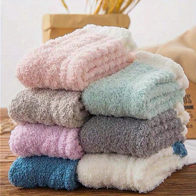 

5 Pairs Women's Fuzzy Socks - Fall/winter Plush Cozy Polyester Sleep Socks, Solid Color Hand Wash Only, Warm Fluffy Gift Set