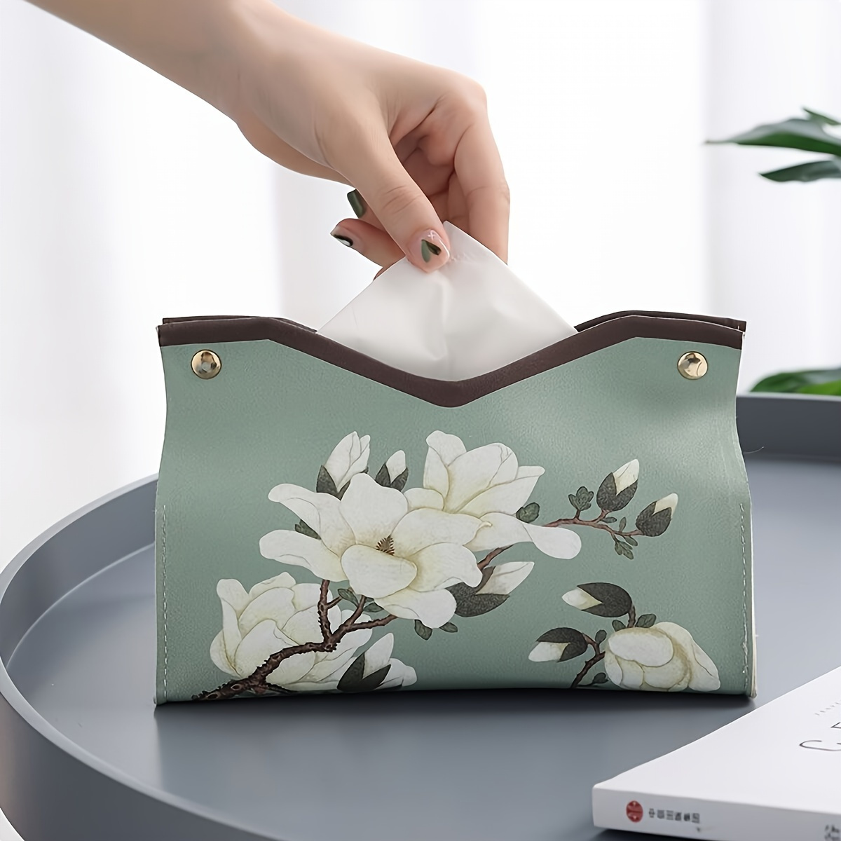 1pc elegant floral printed pu leather tissue box with   hardware   green rectangular tissue holder storage organizer decorative napkin dispenser for bathroom living room bedroom vanity countertop durable easy clean   decor in beige brown green gray white bathroom organizer sturdy construction     housewarming gift interior design lovers Product details 6
