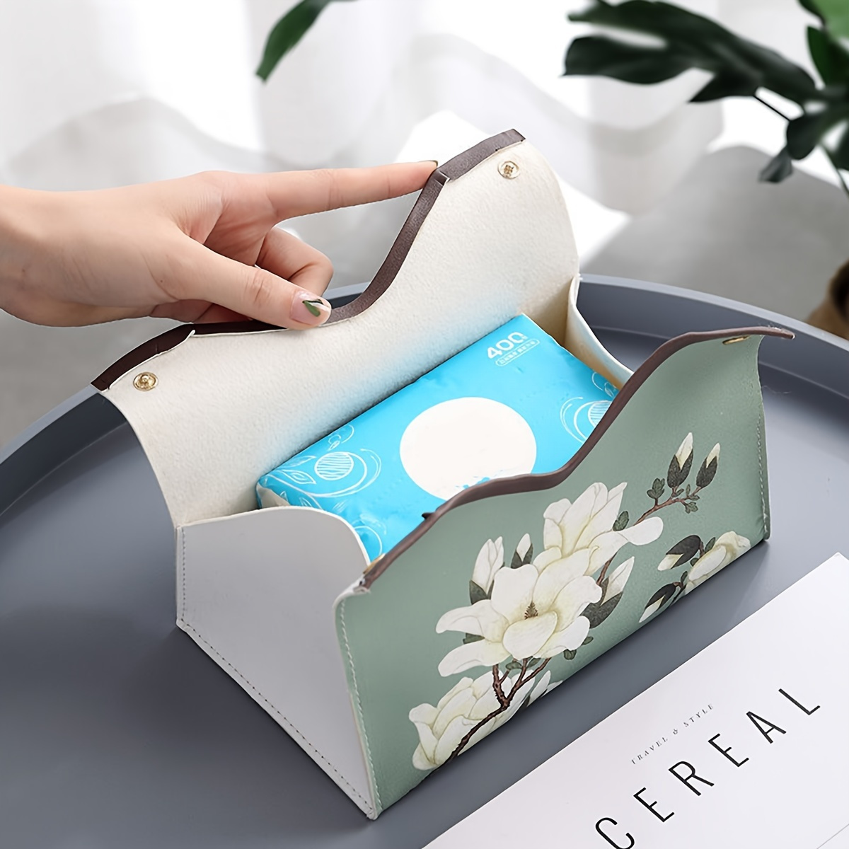 1pc elegant floral printed pu leather tissue box with   hardware   green rectangular tissue holder storage organizer decorative napkin dispenser for bathroom living room bedroom vanity countertop durable easy clean   decor in beige brown green gray white bathroom organizer sturdy construction     housewarming gift interior design lovers Product details 9