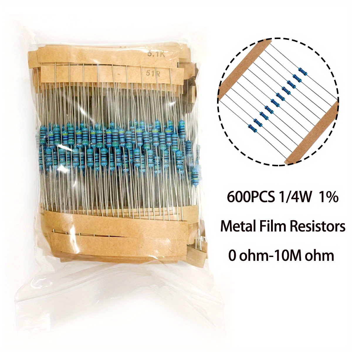 

600pcs Metal Film Resistor Kit, 1/4w, 60 Values From 0 Ohm To 10m Ohm, 1% Tolerance - Ideal For Electronics Projects, With Blue Beads For Easy Identification