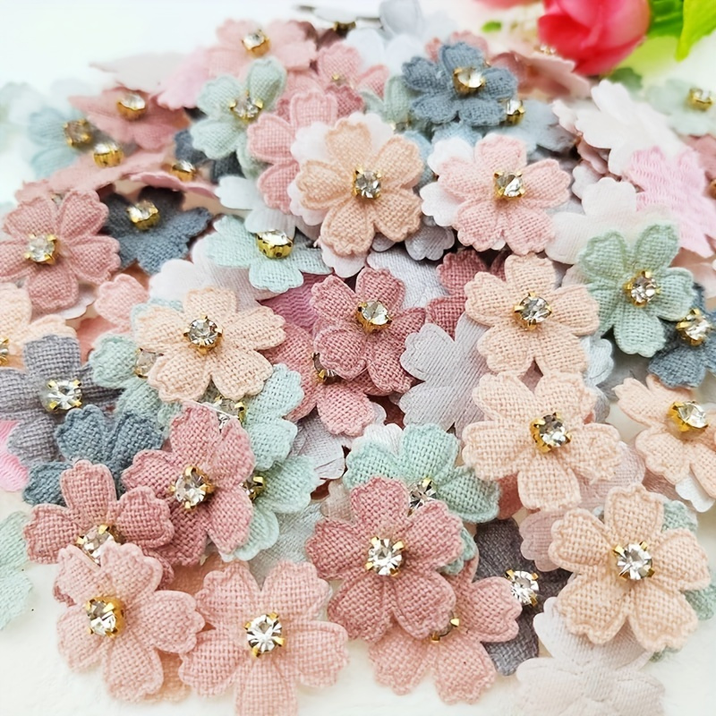 

20pcs Assorted Mini Fabric Flower Patches With Rhinestone Center, Diy Craft Embellishments For Hair Accessories, Clothing, Hats, And Scrapbooking - Mixed Colors