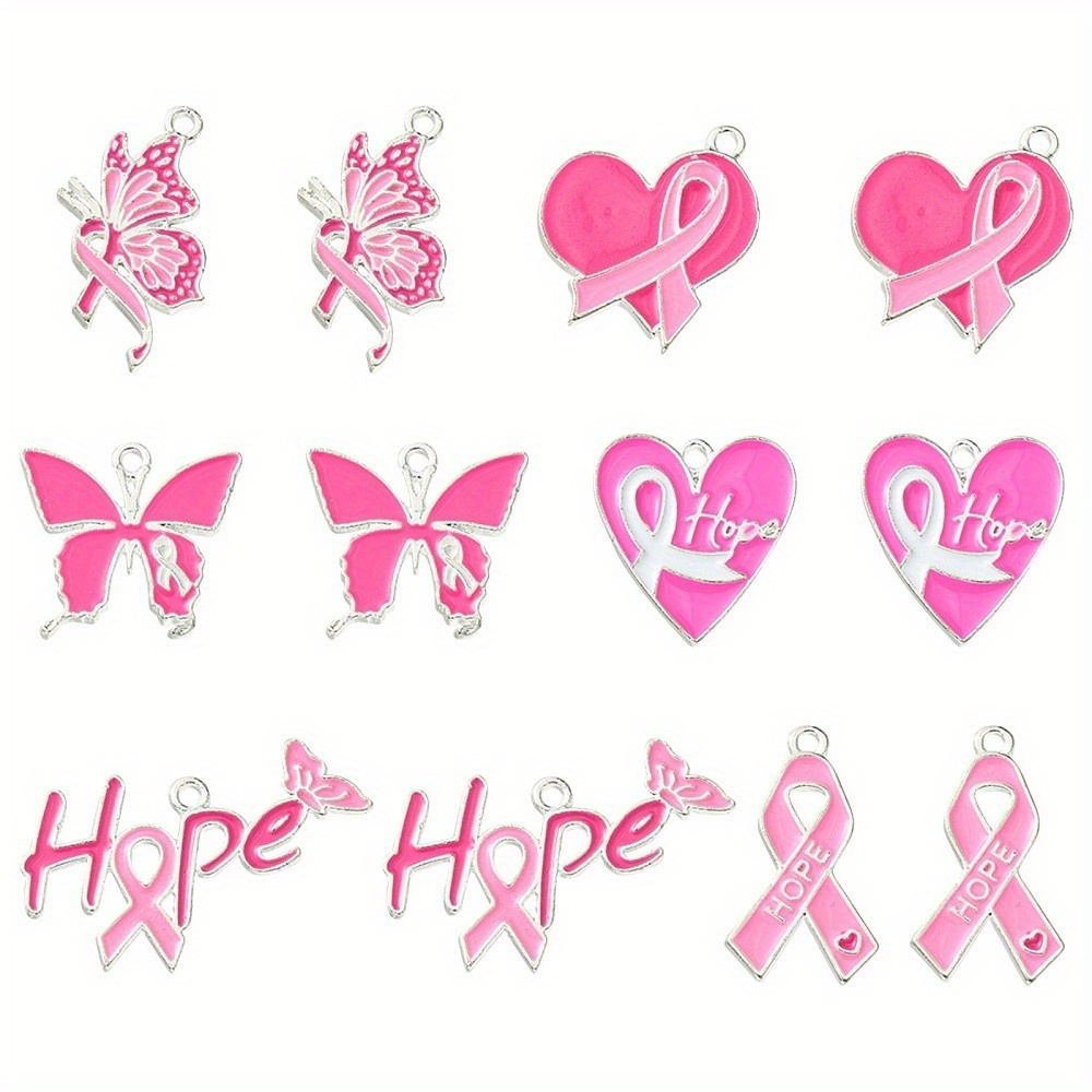 

1bag 12pcs 6 Styles Breast Pink Awareness Ribbon Theme Alloy Enamel Pendants, Heart/butterfly, Silvery, Pearl Pink, 19~25.5x14~32.5x1.5~1.6mm, Hole: 1.5mm, 2pcs/style