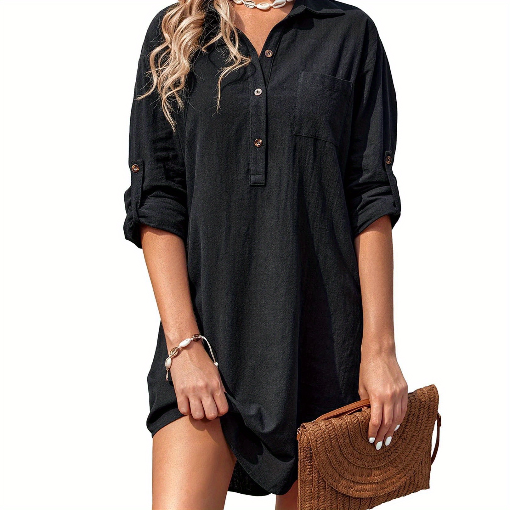 

Women Summer Dress Cotton Linen Shirt Dress Button Down Tunic Dress Beach Cover Up Dress