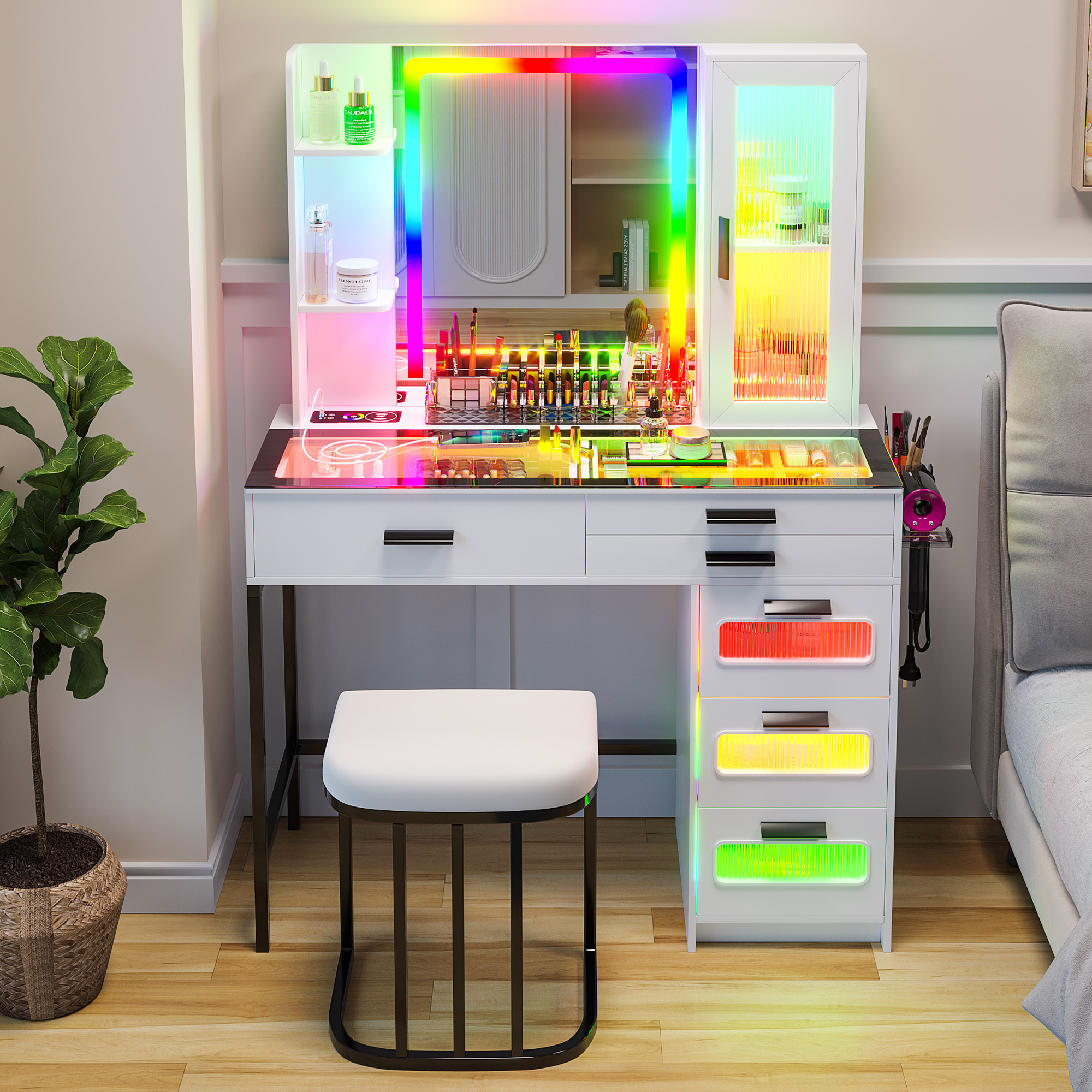 TEMU Hnebc Rgb Vanity Desk, Makeup Vanity With And Mirror, Glass Top Makeup Desk With Usb/ Type-c/ Wireless Charging, Dressing Table Set With Stool/ 6 Drawers, Vanity Gifts For Girls/ Women