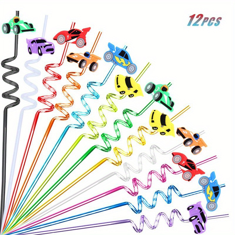 Image of 12 Pcs Straw, 10.24inch Crazy Loop Straws, Colorful Reusable Spiral Plastic Drinking Straws, Car Theme Party Styling Funny Straws For Party, Christmas Parties, Carnivals, Party Supplies