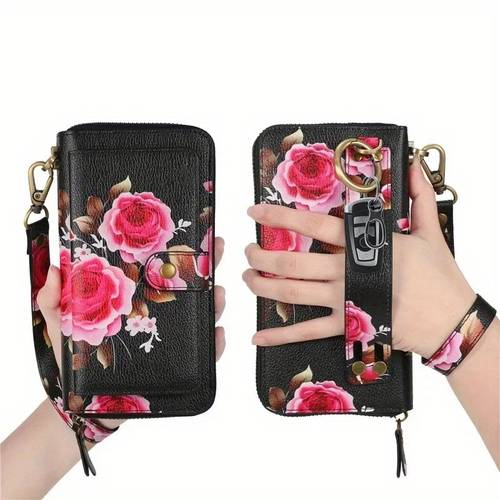 1pc elegant floral pu leather clutch zipper handbag fashion large capacity long wallet clutch bag phone bag multi card card holder coin purse wallet