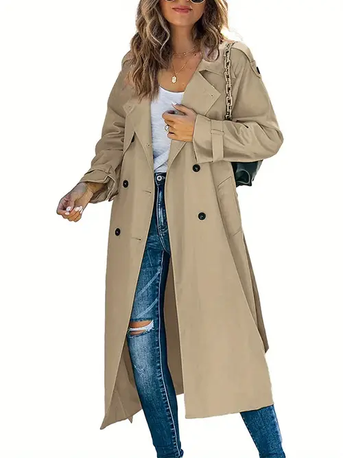 womens breasted long trench coat with belt windproof lapel collar solid color conservative style non stretch fabric for professional formal occasions formal coat doublebreasted coat coat
