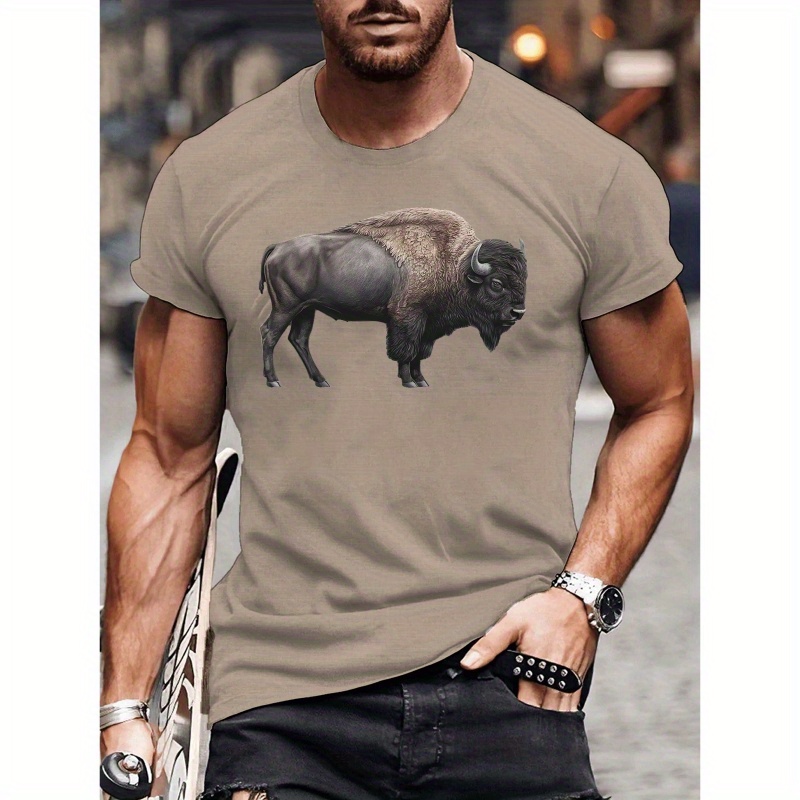 

Plus Size Men's Summer T-shirt, Bison With Orange Frame Graphic Print Short Sleeve Tees, Trendy Casual Tops For Daily Life, Big & Tall