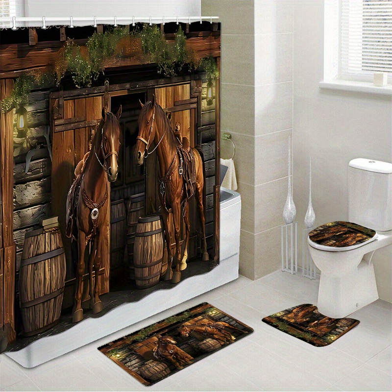 

Waterproof Horse-themed Shower Curtain Set With Non-slip Bath Mats And Toilet Cover, Woven Polyester Fabric, Fashion Pattern, Only, Water-resistant Bathroom Decor With 12 Hooks (1 Curtain, 3 Rugs)