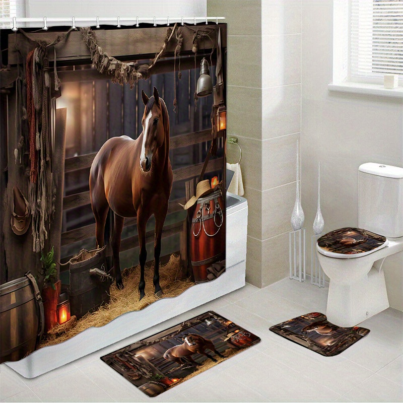 

Stable Shower Curtain Set With 12 Hooks And Bath Mats - Toilet Covers, Seat, Non-slip Rug, Polyester Fabric Curtain For Windows, Bathroom Accessories, Home Decor