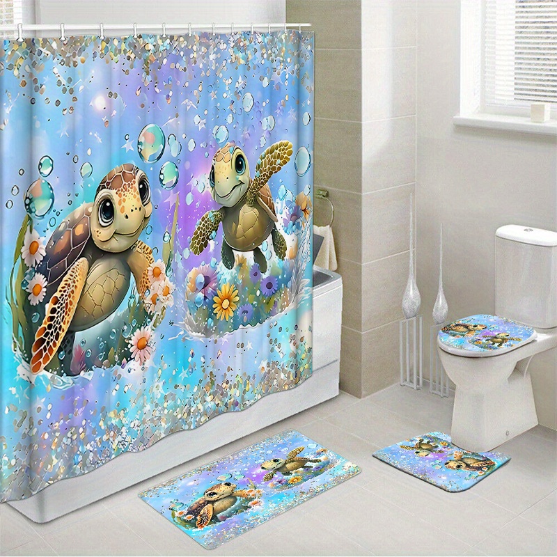 

Sea Turtle Shower Curtain Set With Non-slip Bath Mats, Toilet Cover, And Seat - Woven Polyester, Water-resistant Bathroom Decor, Includes 12 Hooks - Only - With Unique Patterns