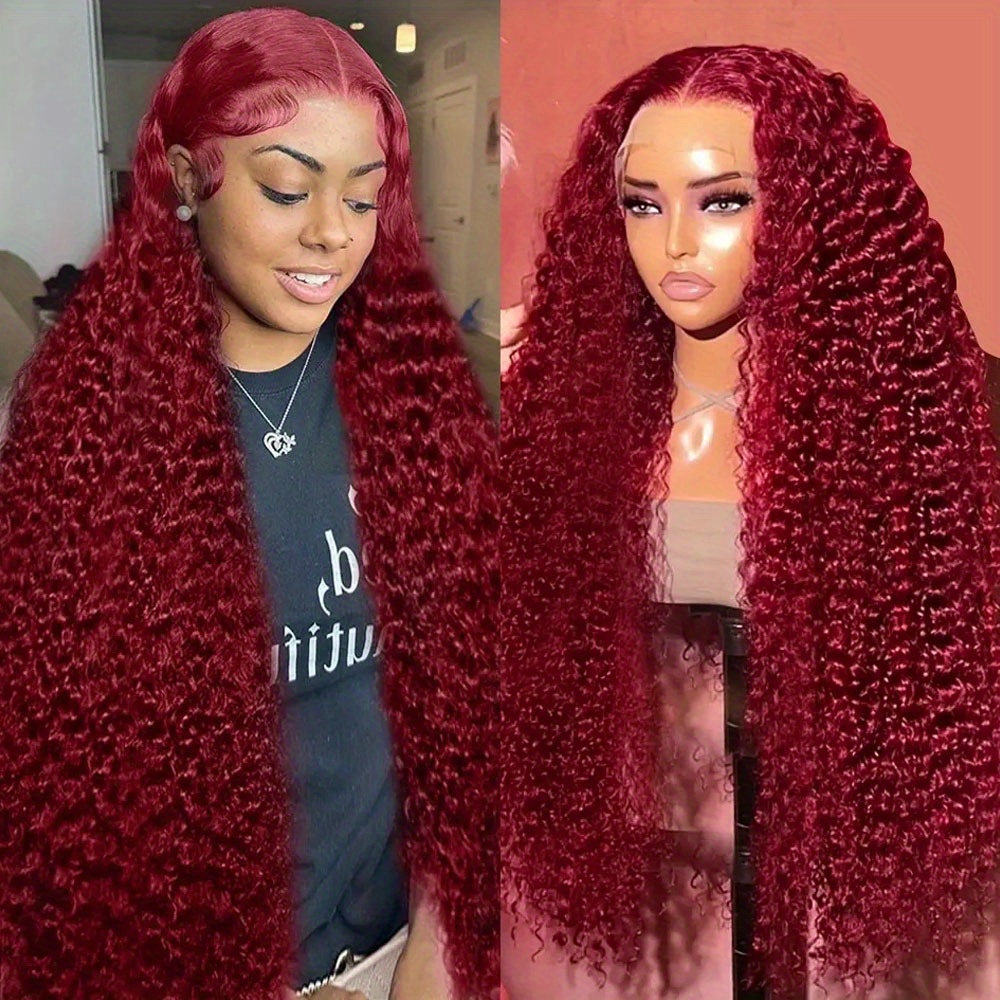 TEMU 99j Burgundy Deep Curly Wave Lace Front Wigs Human Hair Pre Hairline Glueless 13x4 Hd Transparent Wigs For Women Human Hair With Baby Hair Red Colored