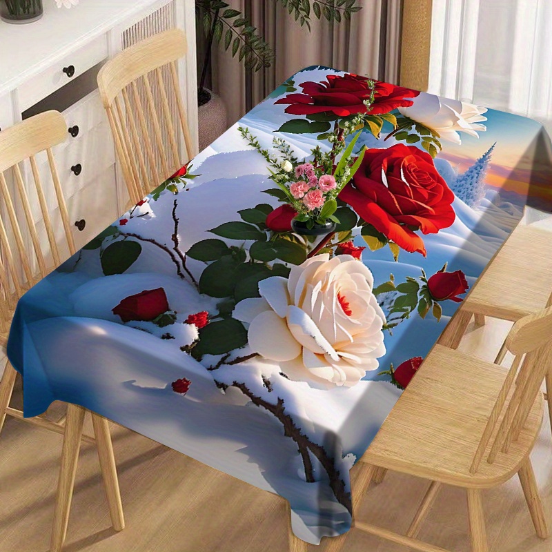 

Tablecloth Rectangular Imprimé avec un motif de rose de neige, adapté aux tables à manger, restaurants, fêtes et diverses , convient à différentes tailles de table.