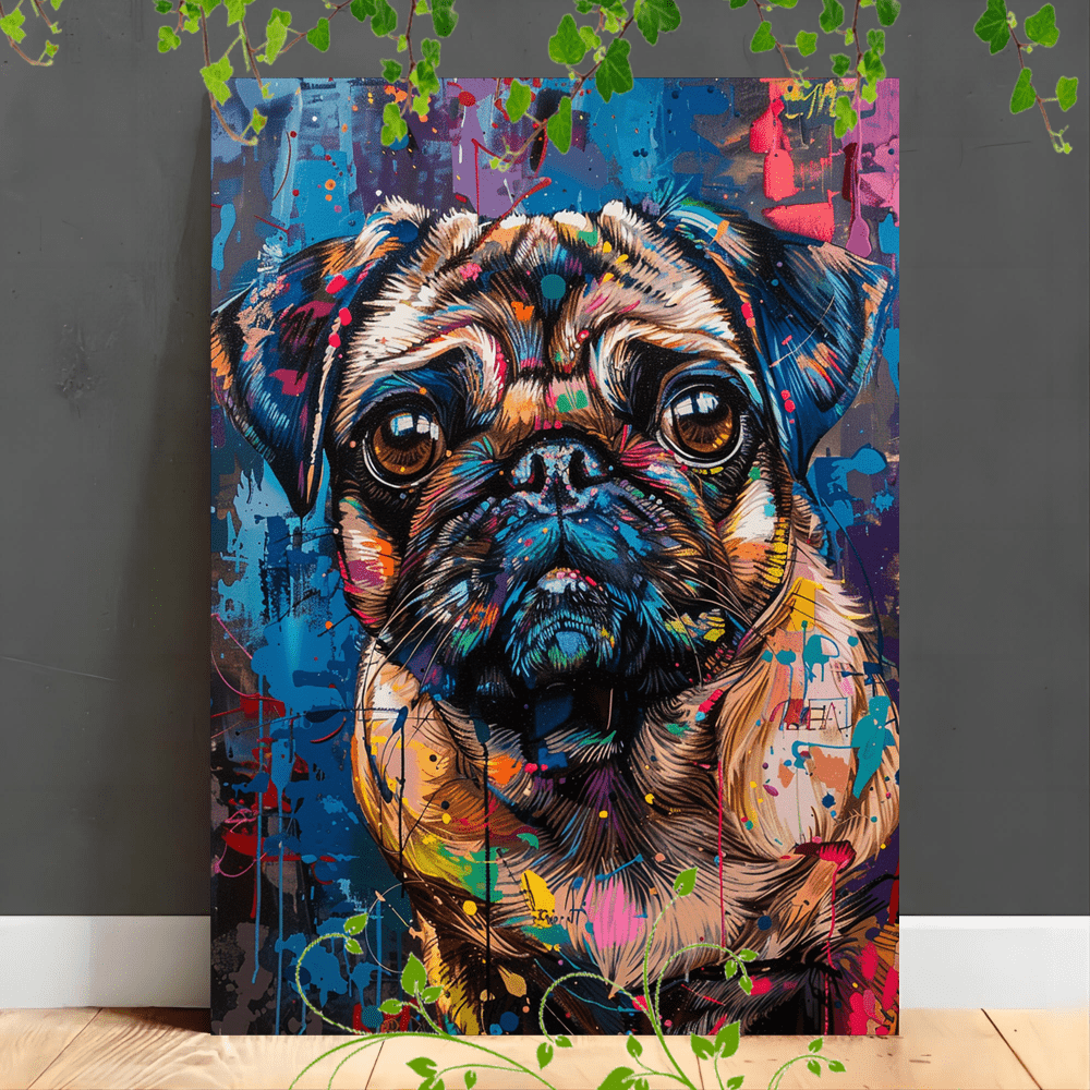 

1pc Wooden Framed Canvas Painting Artistic Printing, Corridor Home Living Room Decoration Suspensibility Colorful Pug Dog Faces