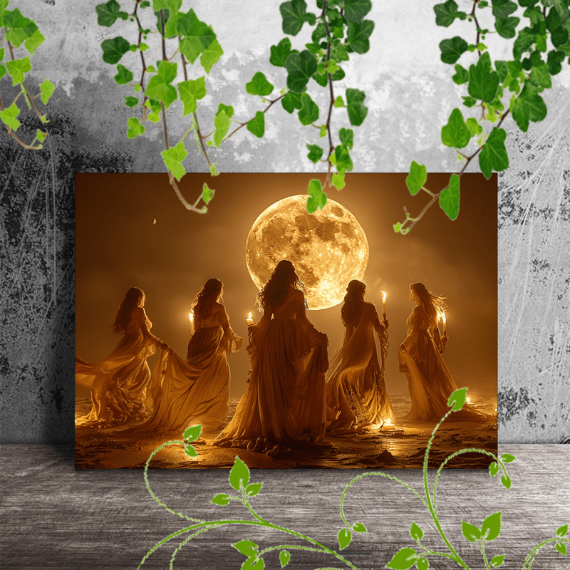 

1pc Wooden Framed Canvas Painting Artistic Printing, Corridor Home Living Room Decoration Suspensibility Group Of Women In Flowing Gowns Holding Candles Under A Full Moon