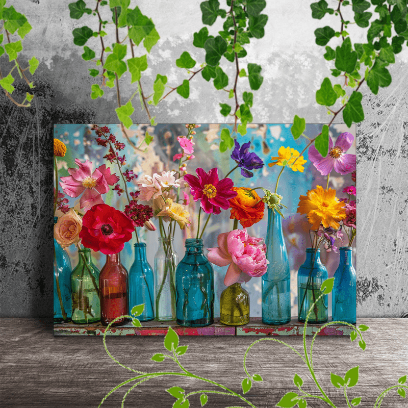 

1pc Wooden Framed Canvas Painting Artistic Printing, Corridor Home Living Room Decoration Suspensibility Colorful Flowers In Glass Bottles (1)