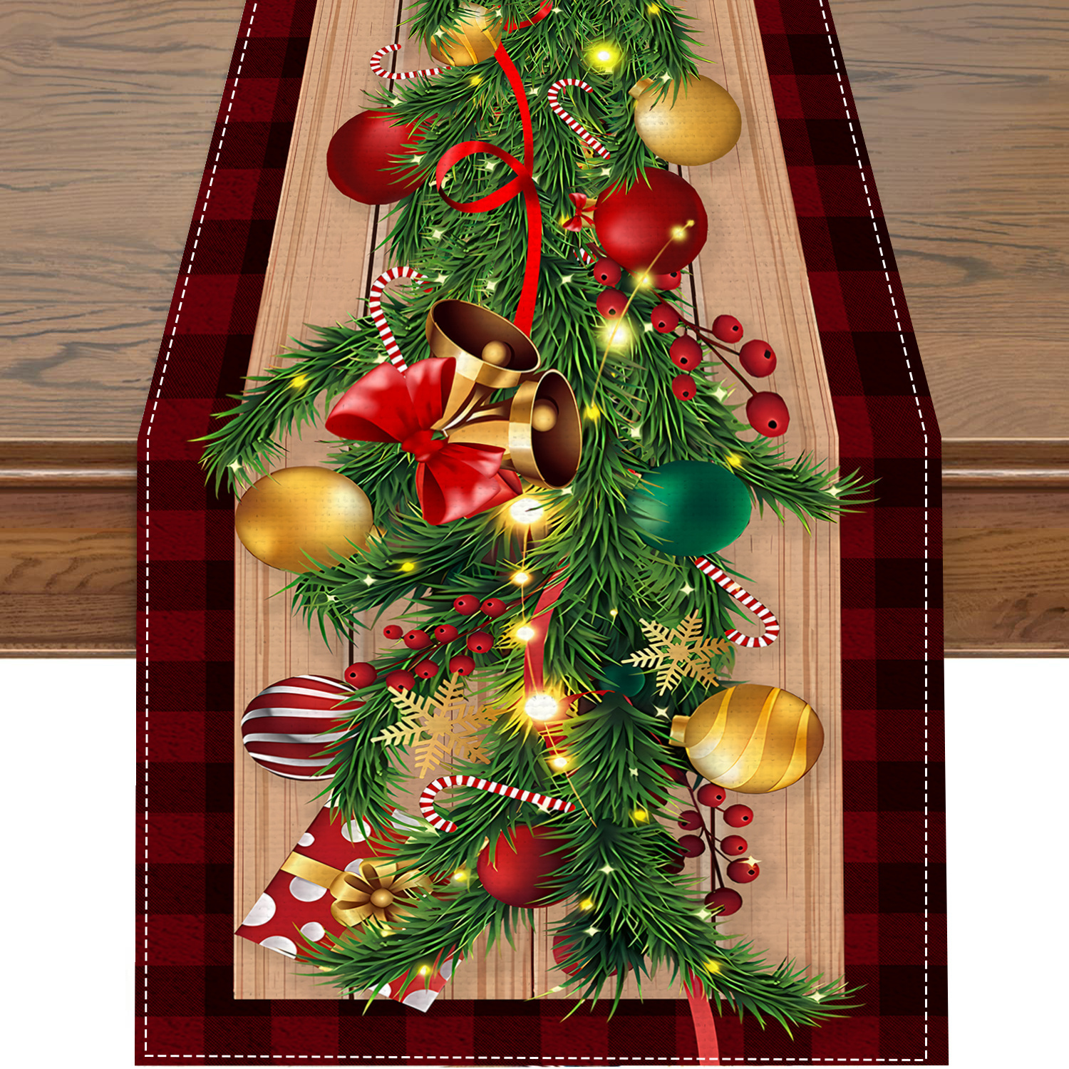 TEMU 1pc Woven Polyester Table Runner - Rectangle Christmas Decoration With Festive Ball And Buffalo Plaid Pattern For Holiday Dining Decor