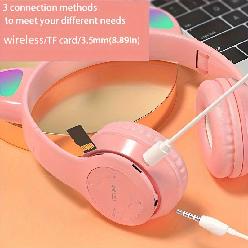 adorable cartoon cat ear led headphones foldable wireless wireless with stereo sound rechargeable battery volume control macaron colors black white pink details 3