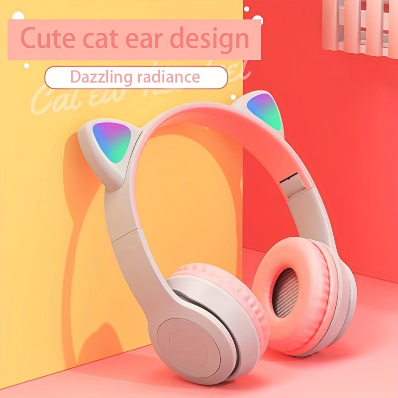 adorable cartoon cat ear led headphones foldable wireless wireless with stereo sound rechargeable battery volume control macaron colors black white pink details 4