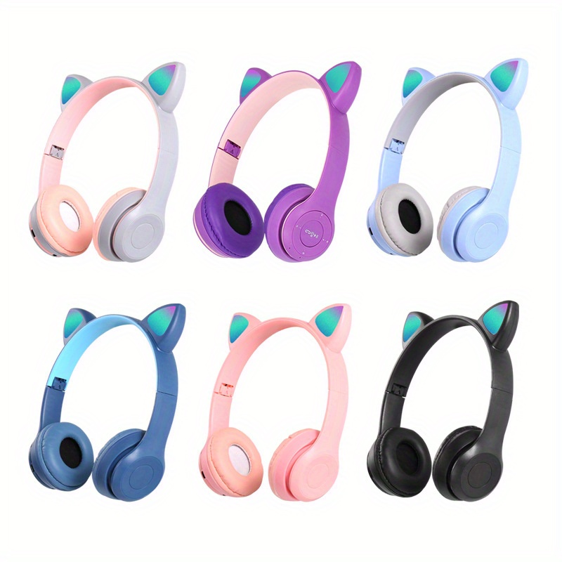 adorable cartoon cat ear led headphones foldable wireless wireless with stereo sound rechargeable battery volume control macaron colors black white pink details 1