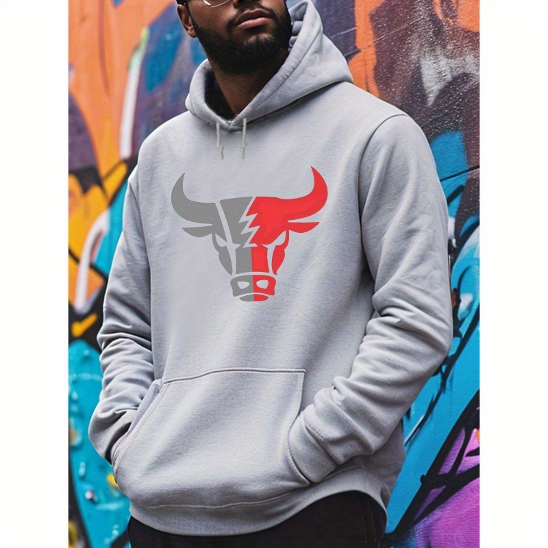 

1pc 92 Ox And Fleece Sweatshirt - , Long Sleeve, Pattern, Polyester , Knitted, Non-transparent, Regular Fit, Hooded, Or , Men' Printed , For / , For Men