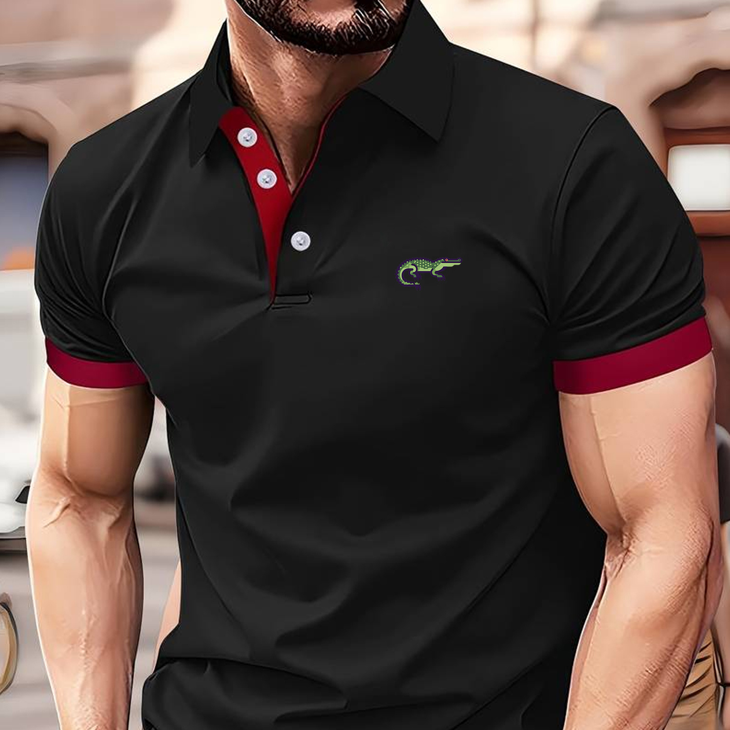 

Men's Casual Knit Polyester Polo Shirt With Crocodile Logo - Regular Fit, Breathable, Summer Lapel Collar, Slight Stretch, Geometric Pattern With Button Details