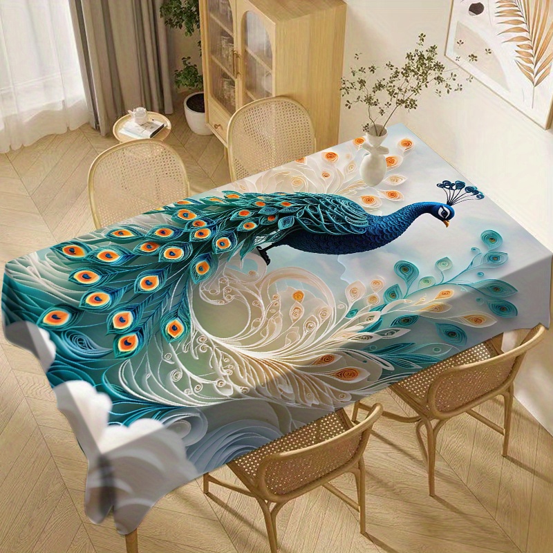 

Elegant Woven Polyester Tablecloth With Artistic Peacock Design, Square Machine Made Cover For Home, Kitchen, Dining, Living Room, Parties, Waterproof And Oil Resistant, Home Decor, 1pc