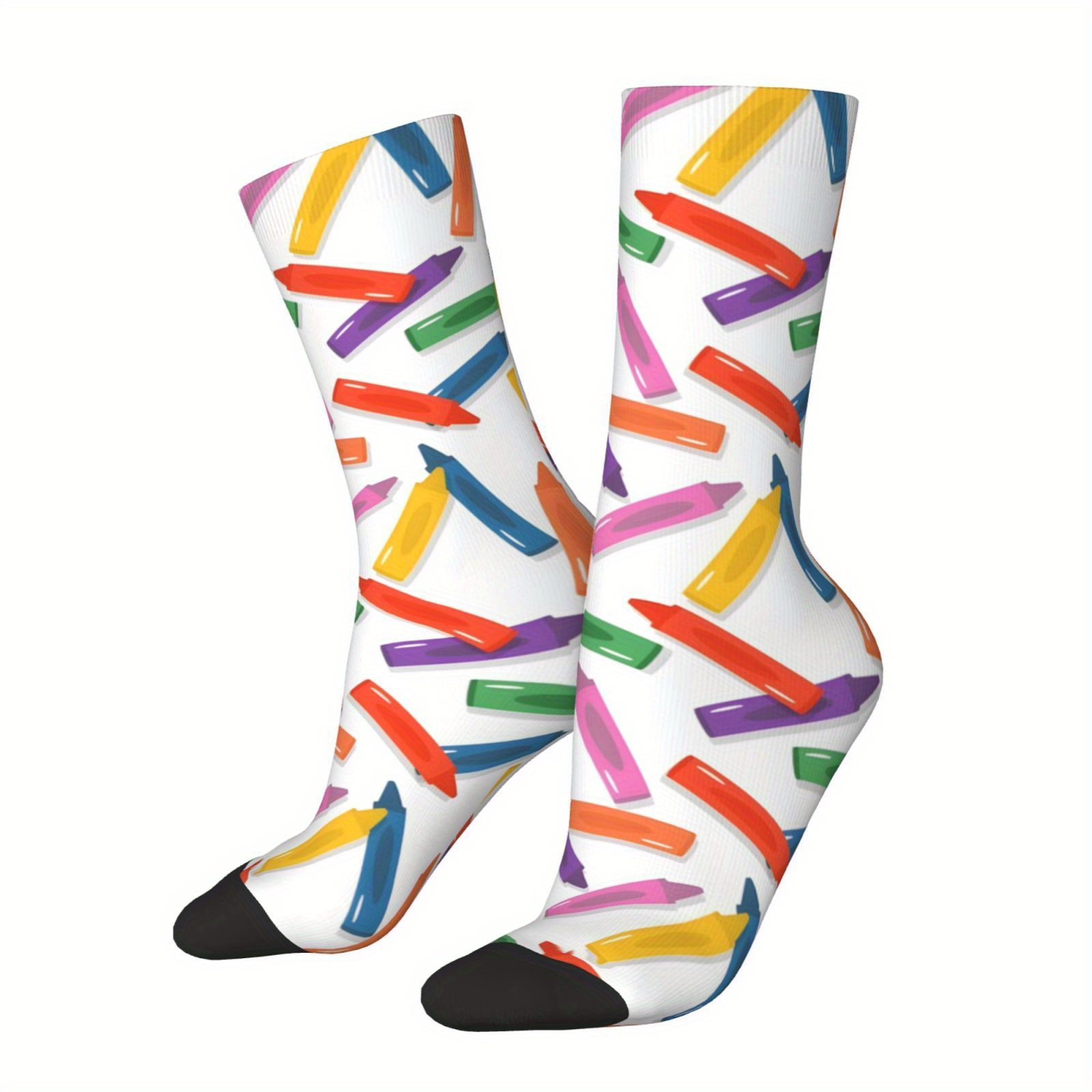 

1 Pair Men's Crew Socks - Teacher Crayon Theme, Fun Novelty Print, Knit Polyester Fabric With 95% Polyester 5% Elastane, Spandex Detail, Hand Washable - Unique Gift For School Staff