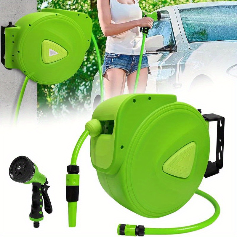 

Trmlbe Hose Reel Garden Hose Reel With 9 Modes Handheld Shower Hose Reel Wall Mounted Automatic Hose Box 180° Rotation, Green