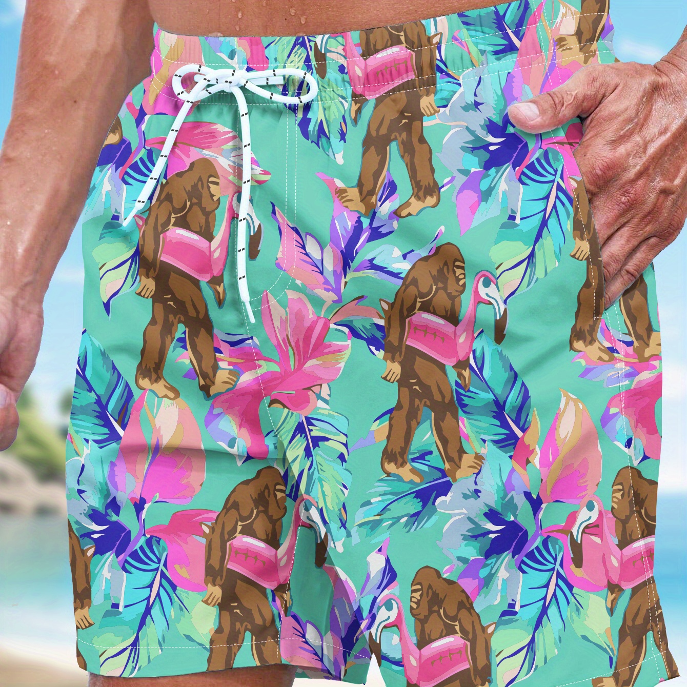 

Men's Vibrant Tropical Leaf Print Beach Shorts - Casual, Quick-dry Polyester With Drawstring Waist & Pockets, Summer & Resort Wear