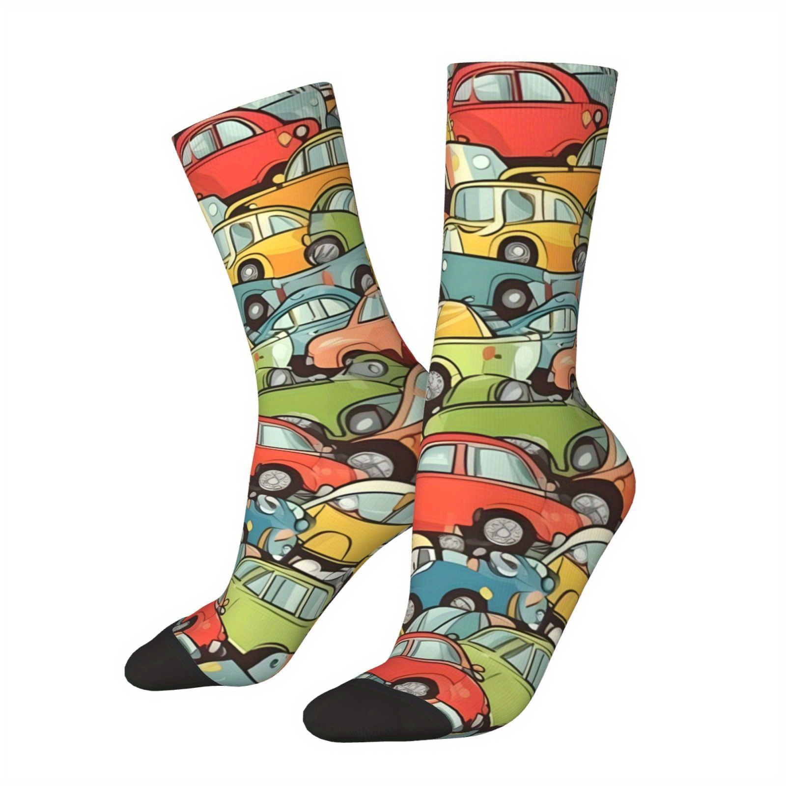 

1 Pair Men's Knit Polyester Crew Socks With Print, Hip Hop Style, Stretchable Spandex , Casual Novelty Socks For Gift - Machine Washable