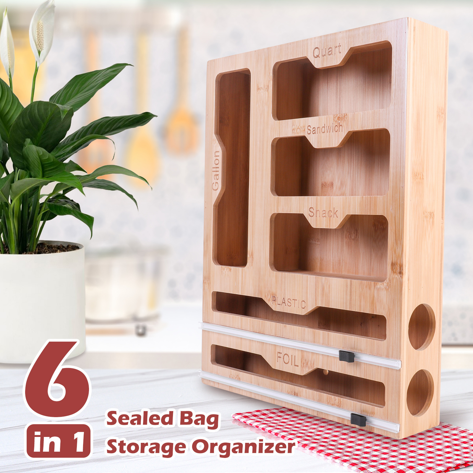 

Bamboo 6 In 1 Sealed Bag Storage Organizer With Cutter For Kitchen Drawer Desktop Living Room Home Dormitory Accessories Household Storage Organiser