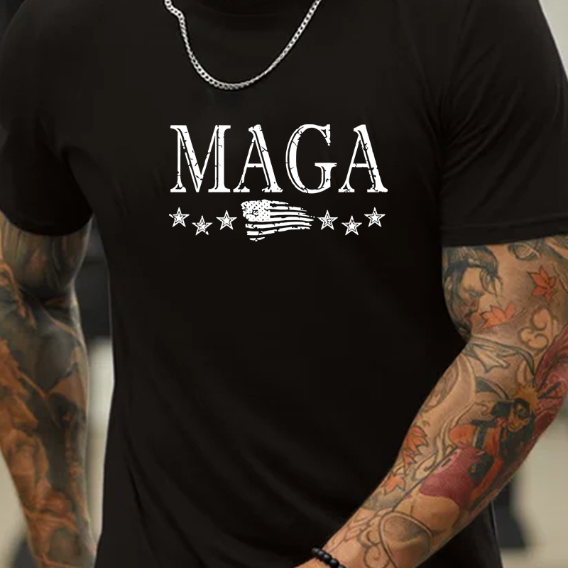 

Maga American Flag Print Men's Casual Polyester Round Neck T-shirt, Stylish Summer Short Sleeve Sportswear