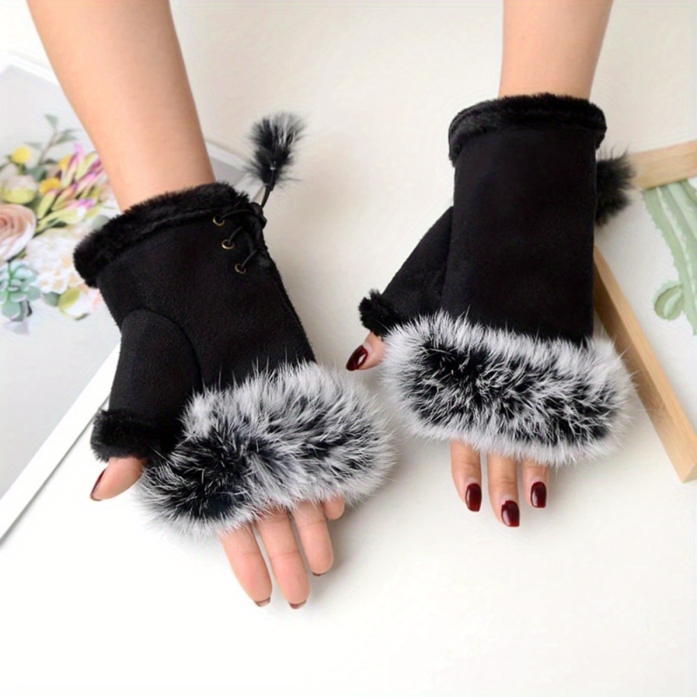 

Women's Winter Touch Screen Gloves - 1pair, Knit Polyester Hand Warmers With Faux Fur Trim, Pull-on Wrist Gloves For Outdoor, Driving, Cycling, Sports, Skiing - Hand Wash