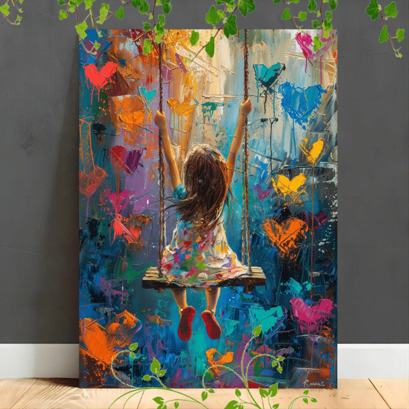 

1pc Wooden Framed Canvas Painting Artistic Printing, Corridor Home Living Room Decoration Suspensibility Child On Swing With Colorful , Whimsical And Vibrant Oil Painting (1)