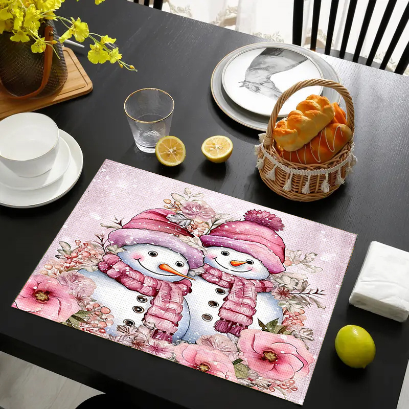 

Charming Pink Snowman Linen Placemat - Stain-resistant, Easy Clean For Dining & Kitchen, Perfect For Holiday Parties