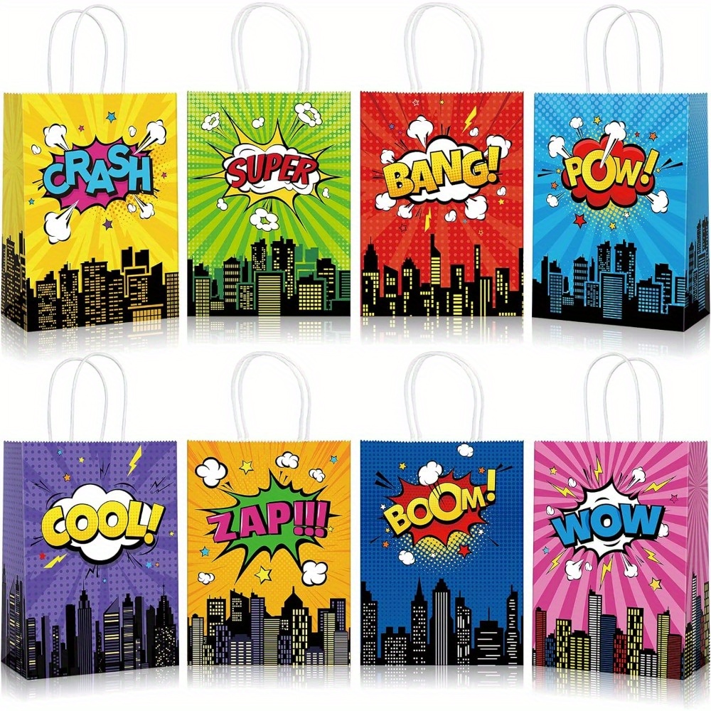 

24 Pcs Superhero Party Favors Bags In 8 Different Styles, Comic Hero Kraft Paper Bags For Birthday Party Supplies.