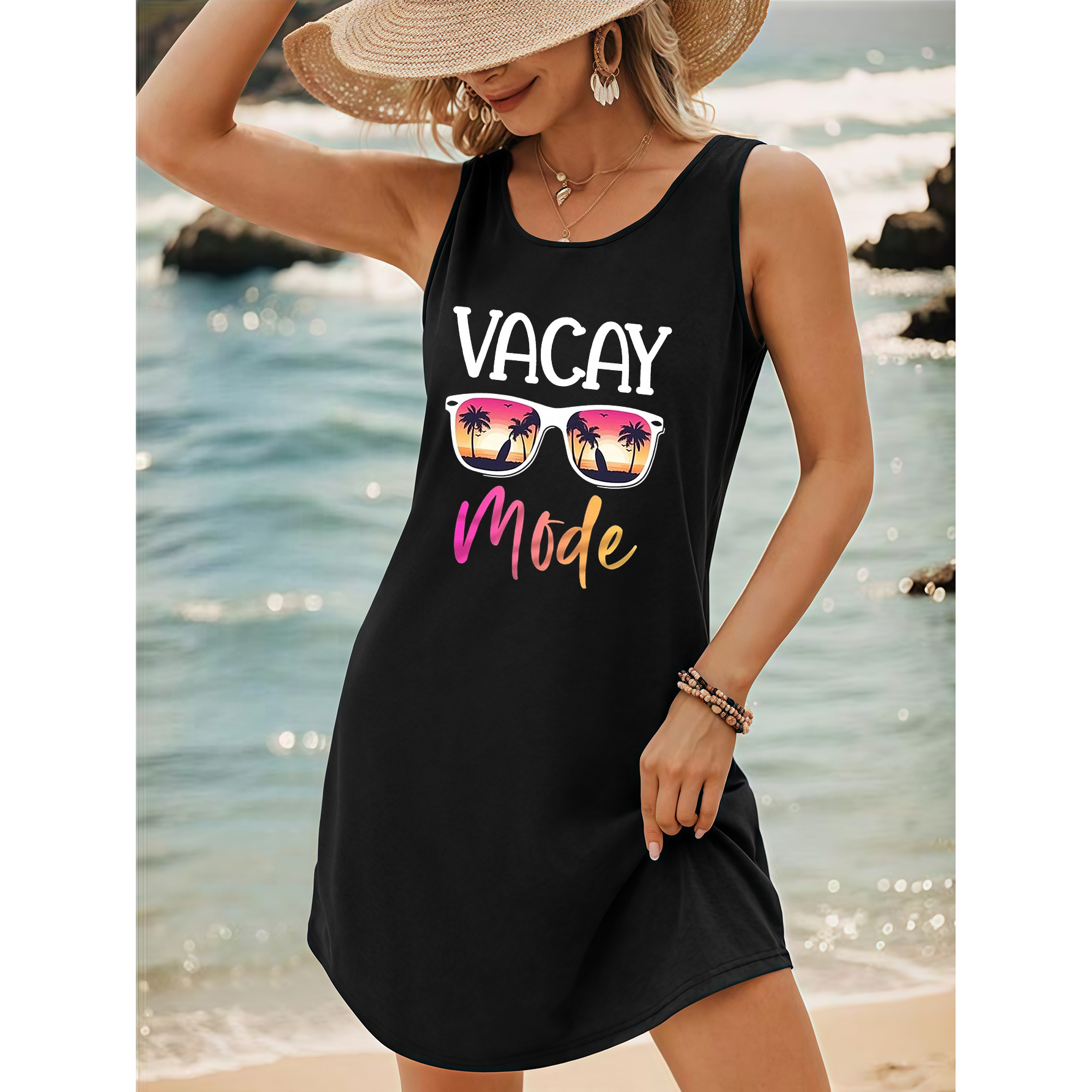 

Letter Print Tank Dress, Sleeveless Crew Neck Casual Dress For Summer & Spring, Women's Clothing