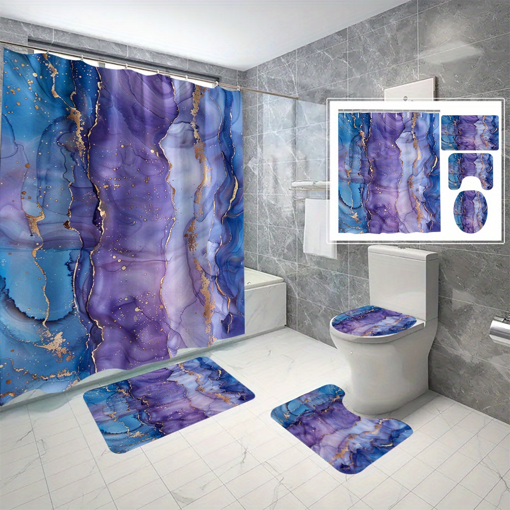 

4pcs Purple & Blue Marble Pattern Shower Curtain Set - Waterproof Polyester With Hooks, Non-slip Bath Mat, U-shaped Rug, And Toilet Lid Cover - Machine Washable, All-season Bathroom Decor